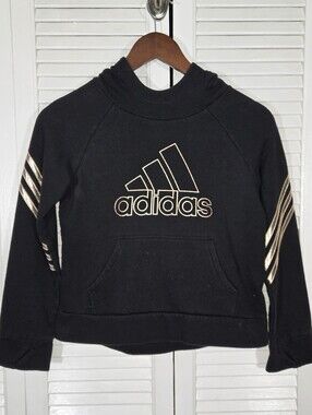 Adidas Pullover Fleece Black Metallic Rose Gold Striped Logo Pocket Hoodie 10/12
